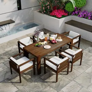7-Piece Patio Dining Table Set for 6, Outdoor Furniture Sets with 72.8" Rectangle Table, Patio Table and Chairs Set with Removable Cushions for Backyard, Garden, Poolside (Mocha + Beige Cushion)