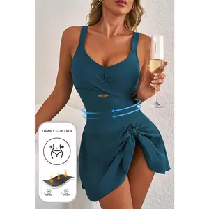 Sea Green Adjustable Straps Cutout Ruched Knot Slit One Piece Swim Dress