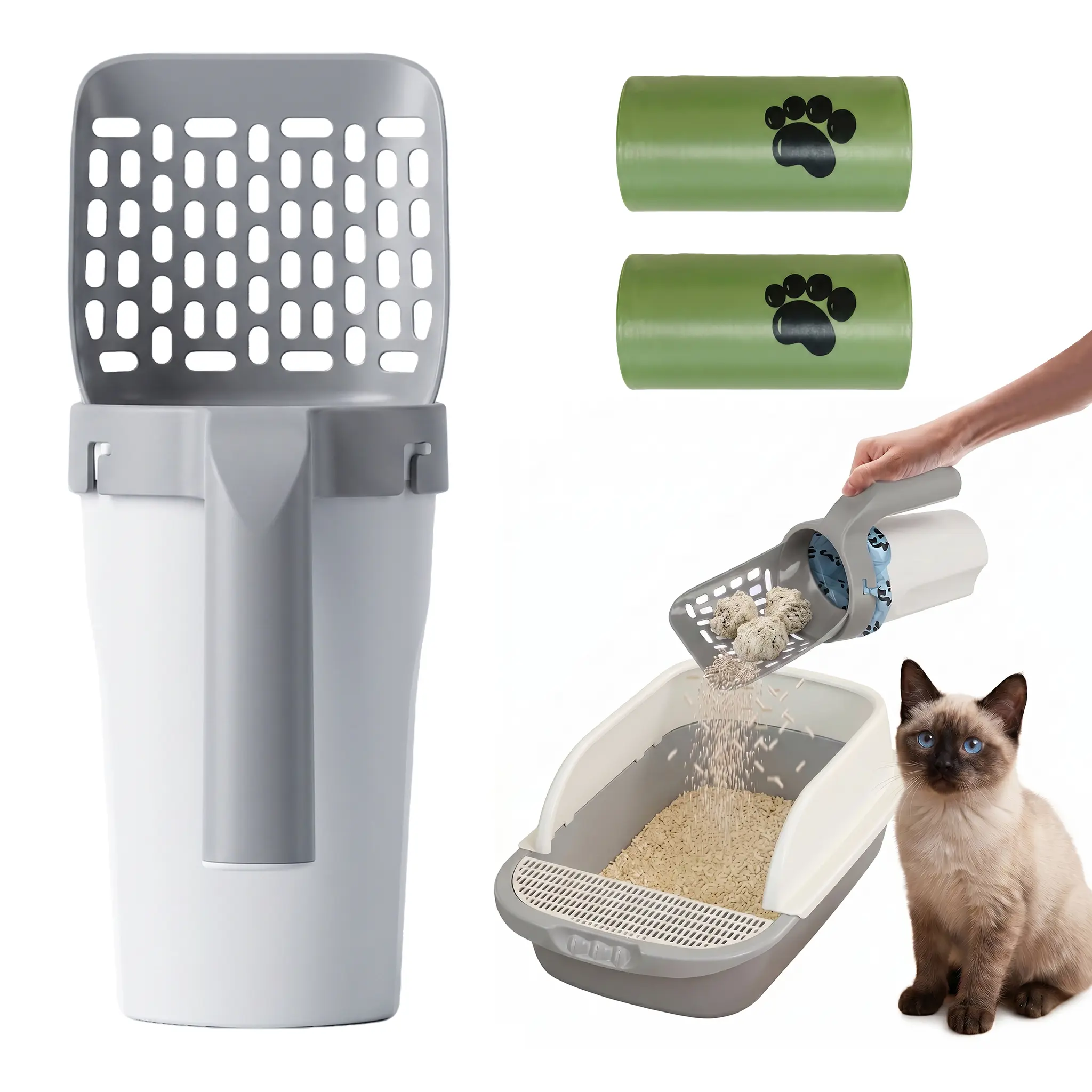 Cat Litter Scooper with Holder, Upgraded Cat Litter Shovel with Bags, 2-in-1 Detachable Sifter and Trash Box System with Refilled Bags, One-Handed Operation Kitty Poop Scooper, Ideal for Cats, Kittens