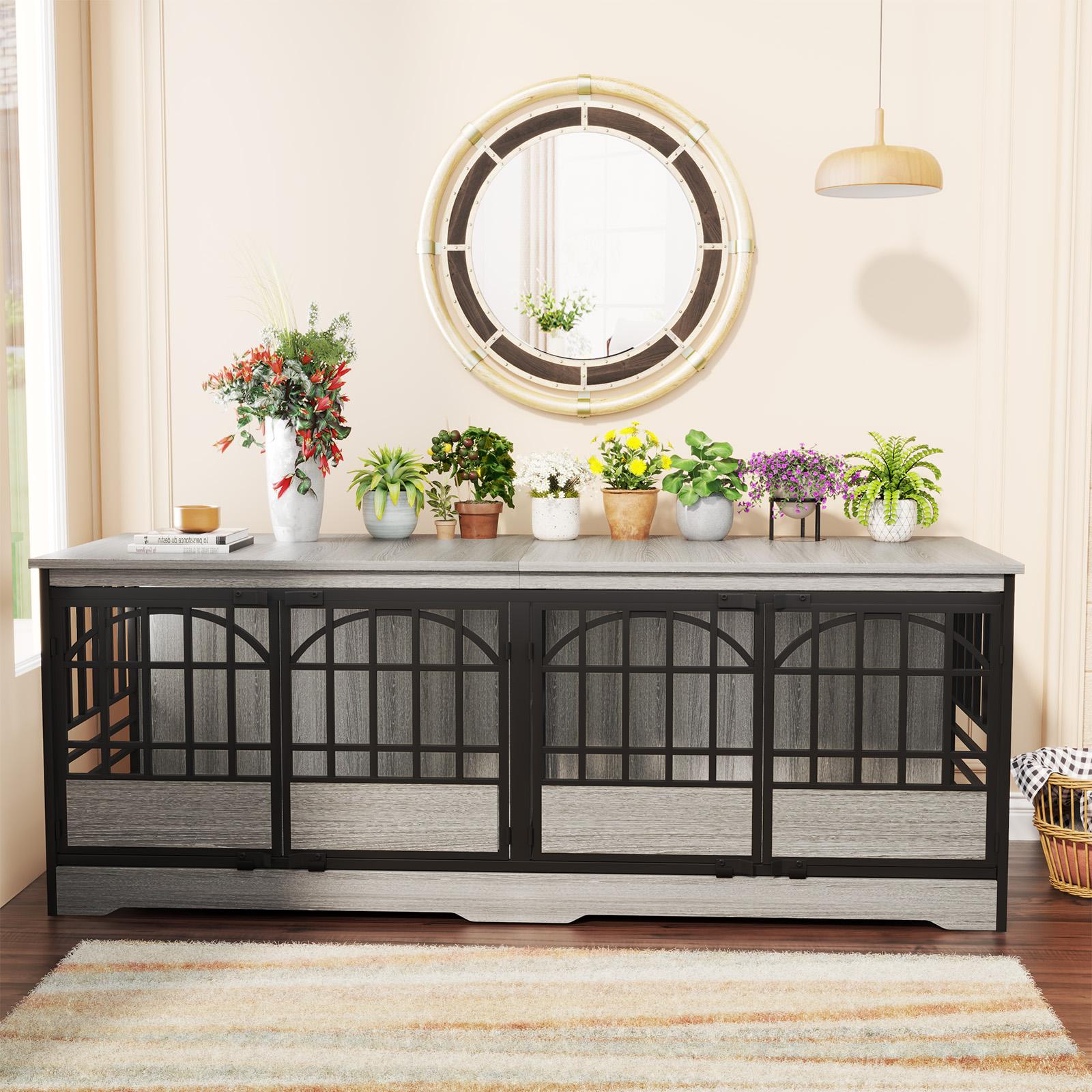 COZPAW 86 Inch Double Dog Crate Furniture for 2 Dogs, Decorative Dog Kennel Indoor TV Stand, Heavy Duty Wooden Dog Cage for Large Medium Dogs Sized Dog Pet House with Divider (Brown)