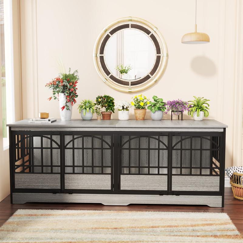 COZPAW 86 Inch Double Dog Crate Furniture for 2 Dogs, Decorative Dog Kennel Indoor TV Stand, Heavy Duty Wooden Dog Cage for Large Medium Dogs Sized Dog Pet House with Divider (Brown)