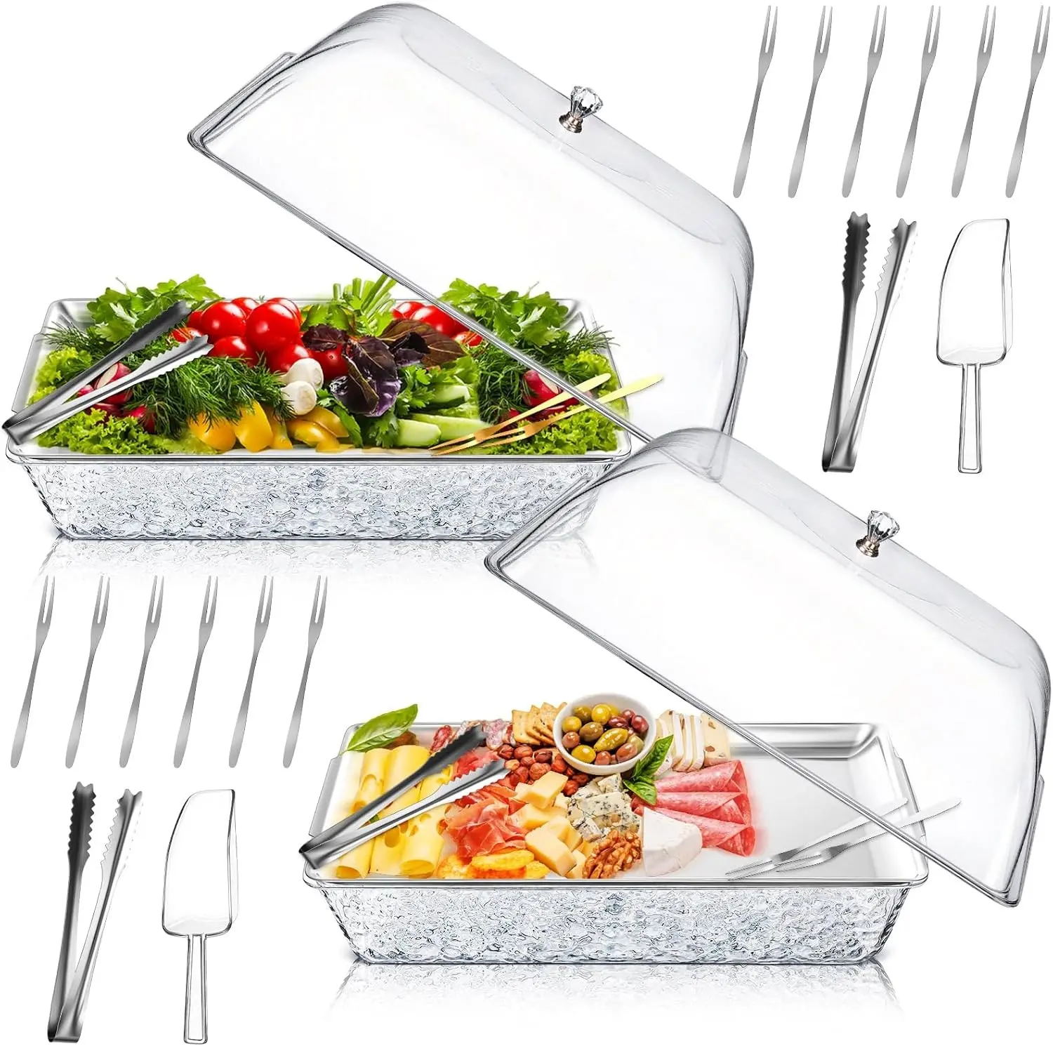 2 Sets 16" x 9" Silver Chilled Serving Tray with Compartments and Lid Ice Rectangle Chilled Party Platter for Charcuterie Seafood Vegetable Fruit Shrimp Cocktail