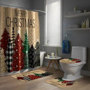 Christmas Tree Print Wall-Mounted Straight Shower Rod, Xmas Farmhouse Style 72x72 Inch Hook-Ready Design
