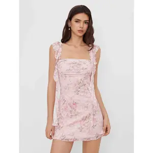 Cider Square Neck Lace Floral Ruffle Hem Ruched Mini Dress