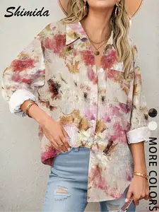 Women's New Geometry Print Button Shirt Blouse, Casual Classy Fashion Loose Fit Collared Long Sleeve Top, Fitted Design, All Seasons Wear, Casual Boho Blouses, Blouses Shirts Tops