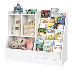 MAHANCRIS 39.4" Kids Bookshelf and Toy Storage, 7 Layer Kids Book Sling Shelf, Toy Organizer Cabinet, Large, for Playroom, Bedroom, Nursery, White Wood Organizer
