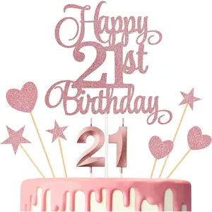 21st Birthday Cake Toppers Numeral Candles Glitter Cake Decorations Set for Party Supplies Rose Gold