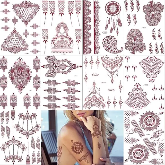 10 Sheets Henna Tattoos Temporary Stickers 10Pcs Brown Tattoo Templates Women Body Art Stickers for Wedding Party(10pcs Brown)
