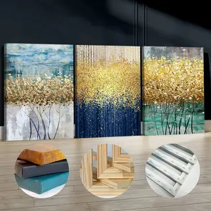 3Pcs Wooden Framed Canvas Painting, Gold Leaf Abstract Trees And Blue Forest Landscape, Exquisite Poster, Home Decoration, Pattern Wall Art Decor, For Living Room, Bedroom, Office, Restaurant, Bar Wall Decor, Waterproof, Odorless, Painting, Print Artwork.