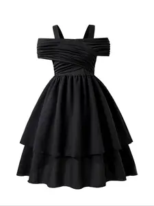 Girl's Solid Color One Shoulder Sweater Dress, Casual Fashion Ruffle Trim Sleeveless Knit Dress for Party Holiday, Kids Summer Clothes, Bodycon Party Dress