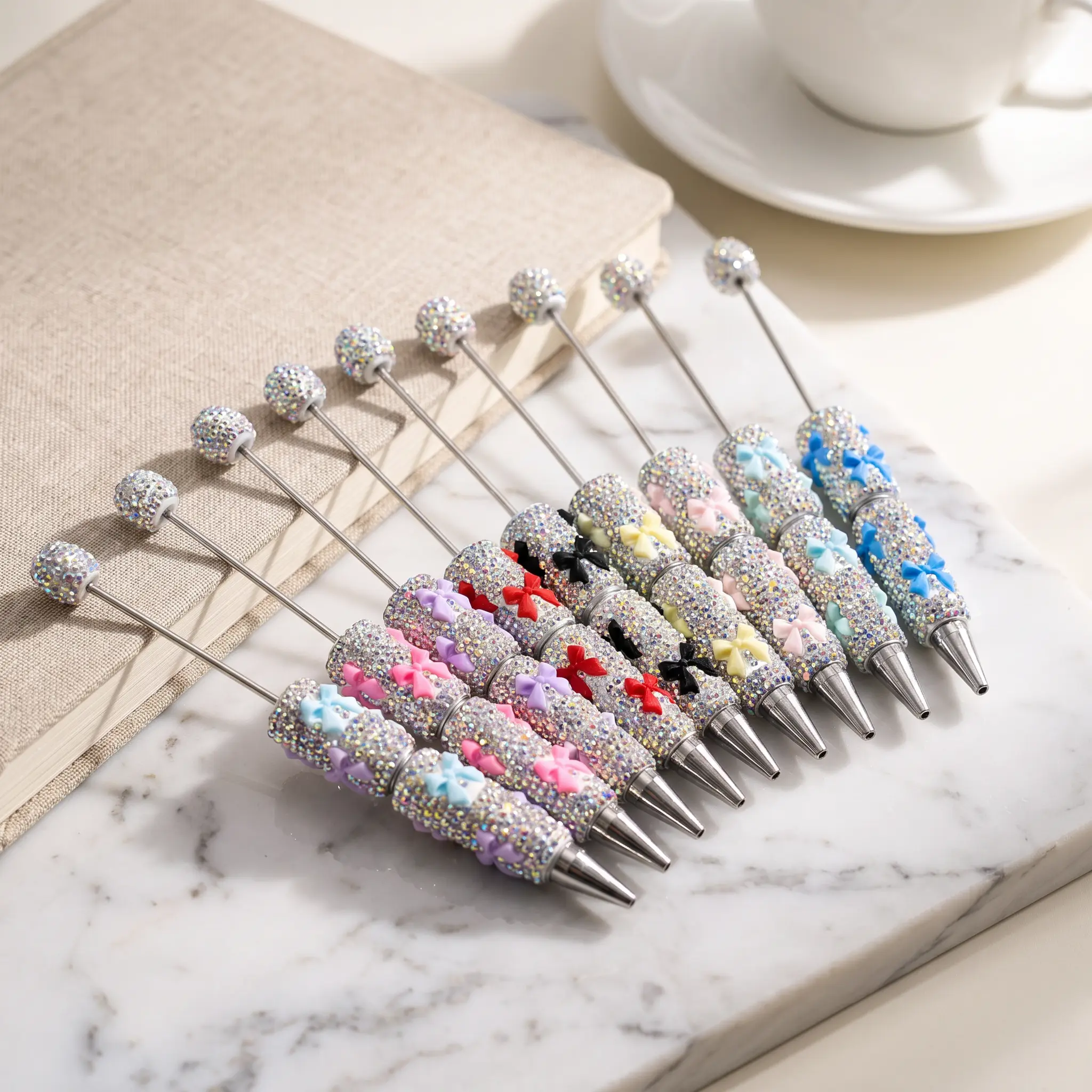 Sparkling Rhinestone Bowknot DIY Beadable Ballpoint Pens, 10-Pack Crystal Decorated Twist Pens with Beading Rod, Customizable Princess Charm for Journaling Wedding Party Favors, 0.5mm Black Ink (10 Pens)