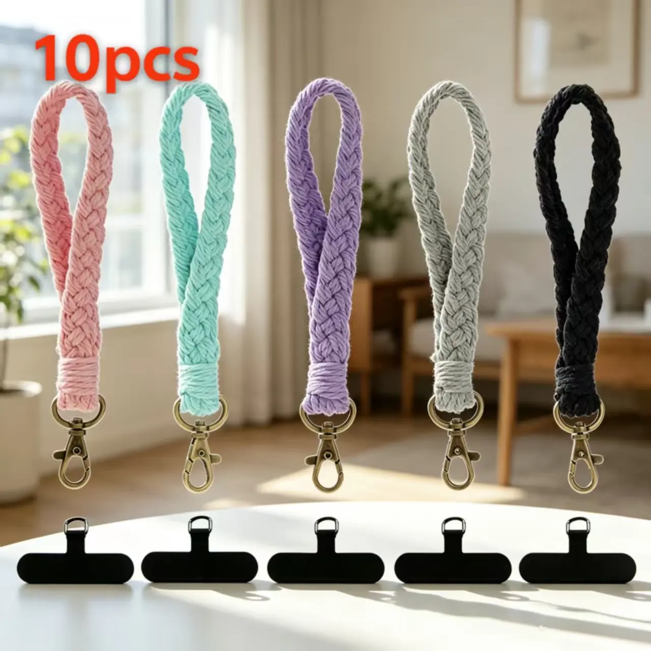 10-piece hand-woven Bohemian Aesthetic wrist strap lanyard with anti-loss chain and hook-5-color mobile phone lanyard, suitable for smart phones, keys, wallets, cards, dolls-unisex, mobile phone shell accessories, used to hang mobile devices.