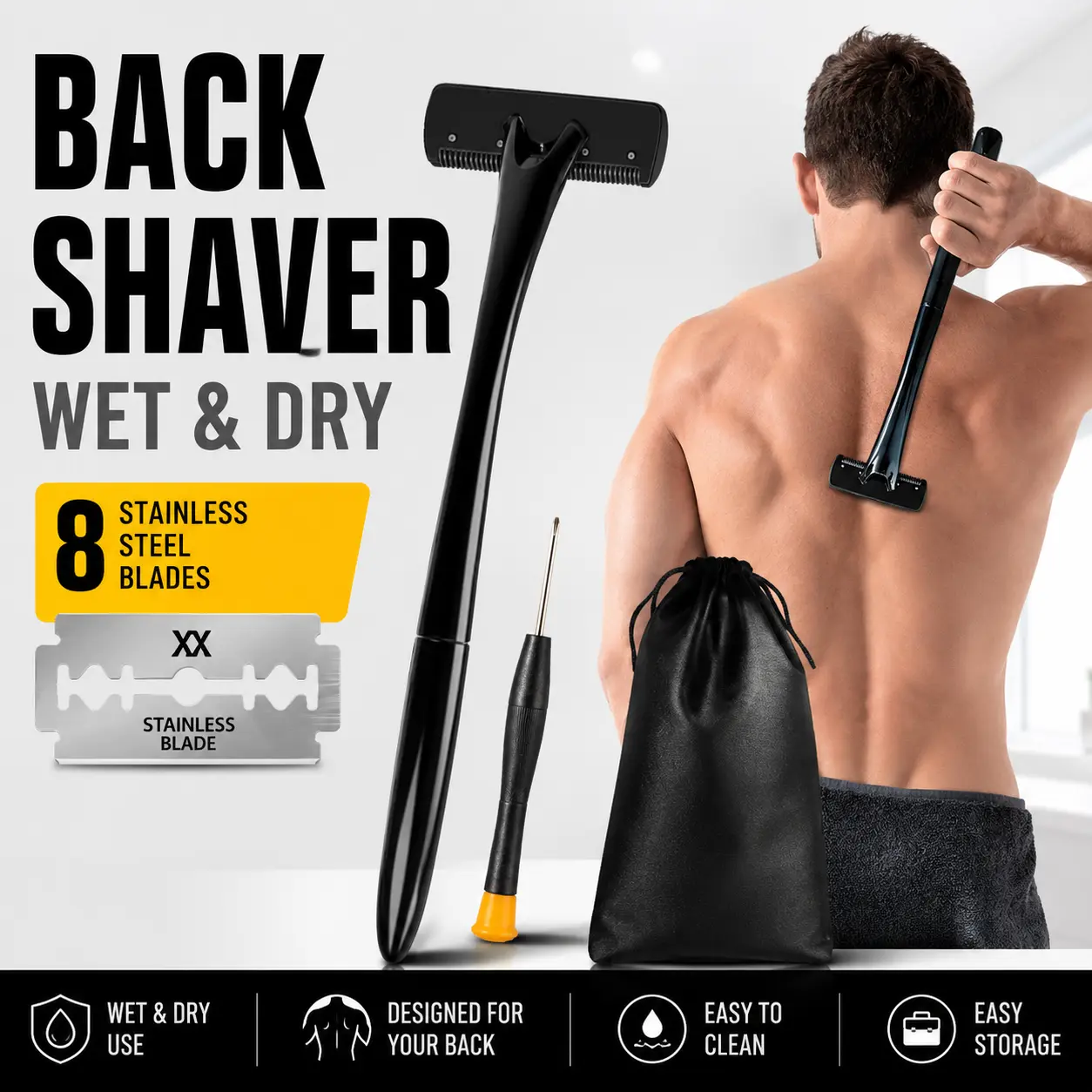 Manual Back Shaver for Men, Wet & Dry Blade Razors for a Smooth Shave and Painless Hair Removal, 17.9" Long Ergonomic Handle, 11 Blades Included, Manscaping, Battery-Free Razors, Bag, Guys, Pain-Free, Gift Set, Dry Shaving Solutions