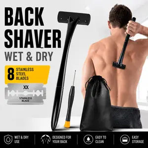 Men's Manual Blade-Type Back Shaver for Manscaping - Dry-Wet Use, Multi-Segment, Long Ergonomic Curved Stainless Steel Handle, Painless Hair Removal Tool with Extra Blades & Clean Vibe, Guys' Gift