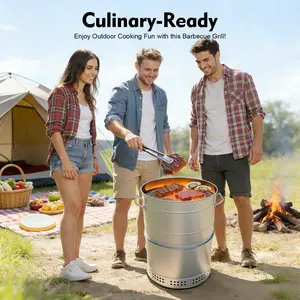 Large Portable Charcoal Grills, Stainless Charcoal BBQ Grill Barrel 360° Smokeless Outdoor with 50 Skewers, Boiling Pot Barbecue Smoker Grill for Travel, Outdoor Cooking and BBQ Silver wood stove