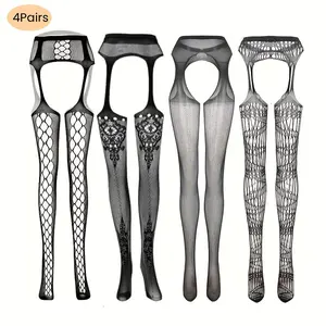 4 Pairs Set Fishnet Thigh High Garter Stockings Patterned Tights for Women Suspender Sheer Pantyhose for Halloween Cosplay Party