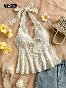1 Halter Neck Swiss Dot Fitted Tank Top Women | Lace Trim Tie Front Peplum Cami | Beach Vacation Summer Outfit