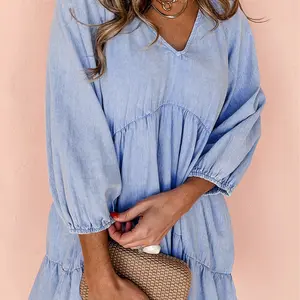 Women's Beau Blue Puff Sleeve V Neck Tiered Ruffled Chambray Mini Dress