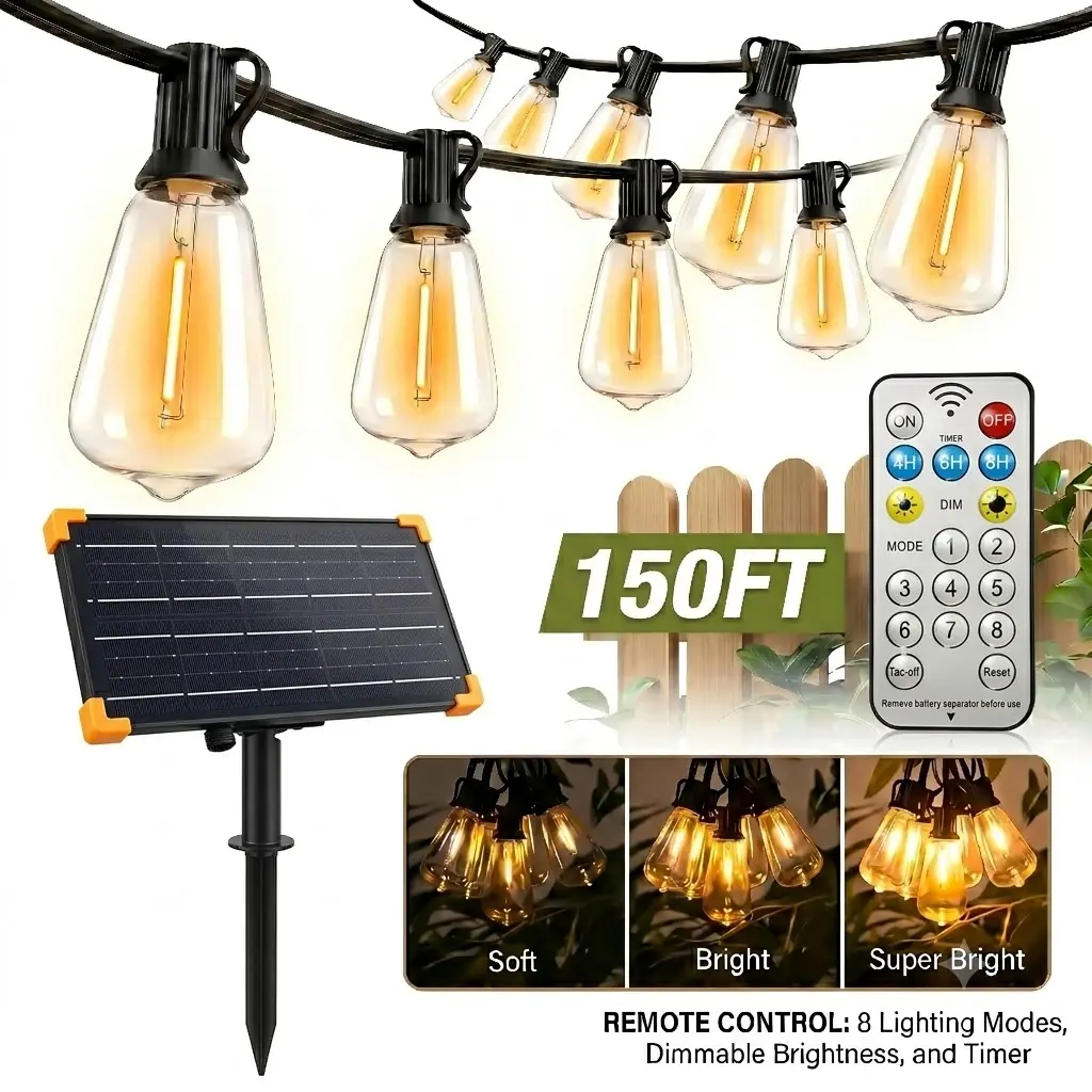 Ekoio ST38 Solar Outdoor Lights with Edison Bulbs, 120/150FT, Waterproof, Shatterproof, 5-8 Lumens, 20H Full Charge Runtime, 8 Adjustable Lighting Modes, Remote Control, Built-In Sensor, Dimmable, Energy Efficient, Christmas Patio Decor for Gardens, Water