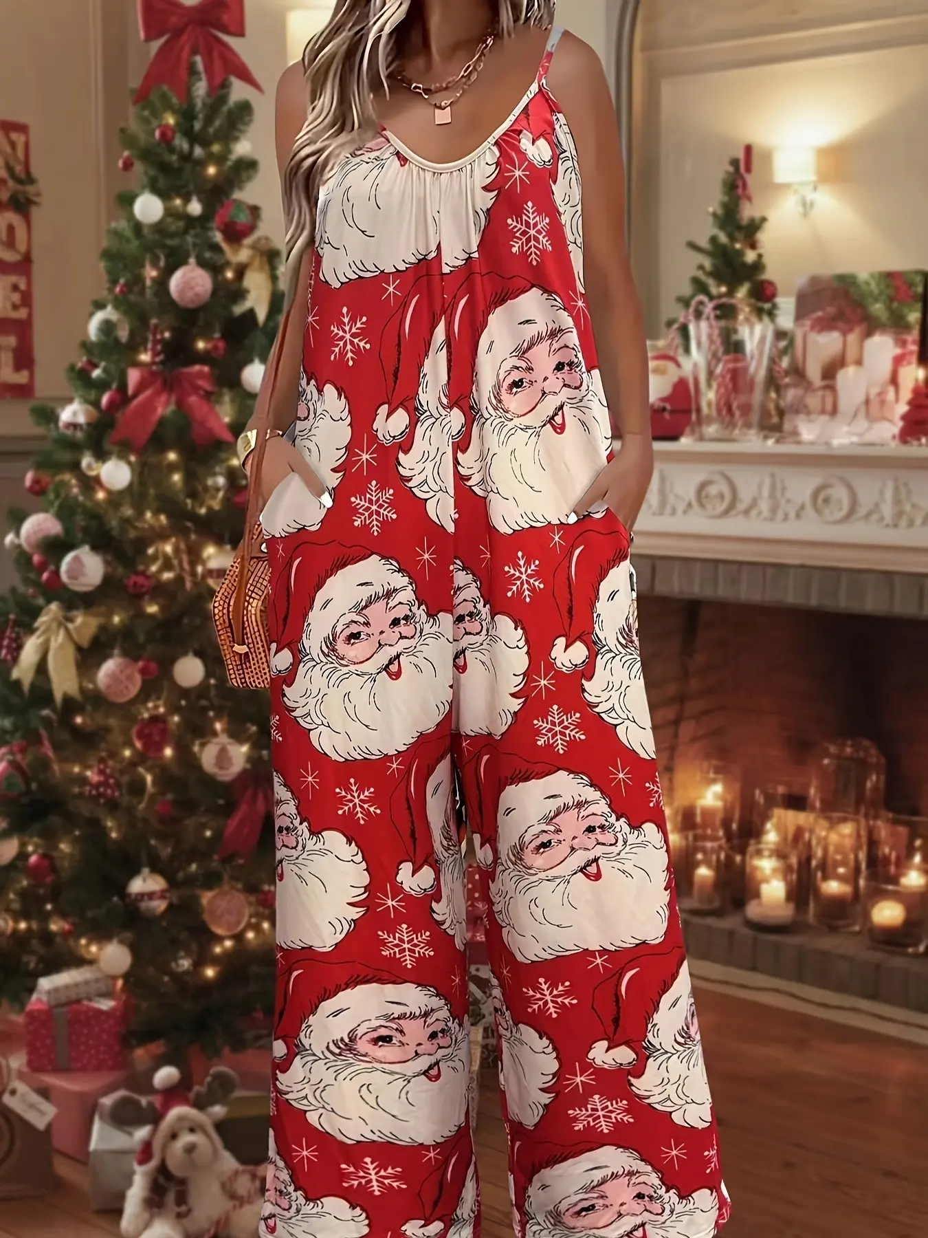 Christmas Jumpsuit Unisex, Casual Sleeveless FittedLong Regular Pants, Patterned Design for AlSeasons, Perfect for Festive