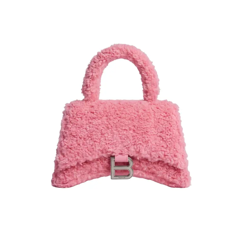 Balenciaga Women's Hourglass Top Handle Bag - Pink Plush Synthetic Faux Fur, Retro Crossbody with Lamb Skin Lining, Magnetic Closure, Fold-Over Design, Curved Base, Plush Look