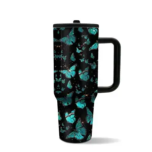 1pc 40oz Blue Butterfly Tumbler with Handle & Straw, Stainless Steel Tumbler, Insulated Drink Tumbler, Insulated Water Cup, Water Bottle for Women, Gift for Daughter, Mom, Birthday, Mother’s Day, Everyday Use, Keeps Hot 12H Cold 24H, Travel Tumbler