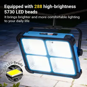 Portable LED Work Solar Light IP66 Waterproof Energy Saving Floodlight, Rechargeable Lighting Emergency Charger, 4-Hand Design, 6 Lighting Modes, 180° Rotation,  Ideal for Camping, Night Fishing, Tourism