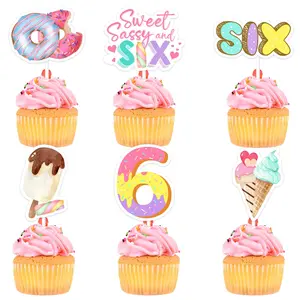 1Set Donut 6th Birthday Party 24PCS Ice Cream Donut Cupcake Toppers Decor Sweet and Sassy Birthday Party Decor with Pastels Donut 6th Cake Toppers Supplies for 6th Donuts Birthday Party Girls