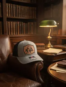 Gray Trucker Hat with Leather Patch – Black Mesh Back Hunting Cap, Adjustable Snapback