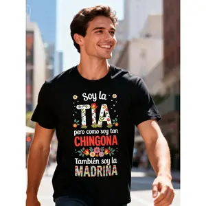 Women's 180gsm Heavyweight Cotton Graphic Tee - Funny Spanish "Soy La Tía Soy La Madrina" Shortsleeve Round Neck, Casual Fit S-XXXL, Vintage Streetwear Top, Christmas Gift for Aunt & Godmother