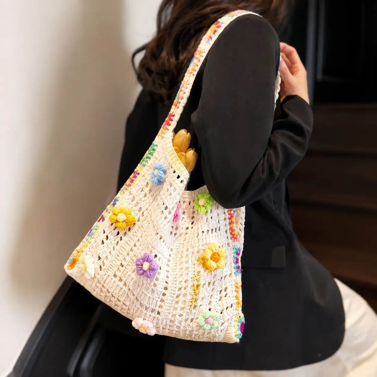 Women’s Crochet Tote Bag, Handmade Floral Shoulder Bag with 3D Flower Details & Colorful Strap, Ivory Woven Summer Handbag for Vacation, Beach, Travel & Daily Use