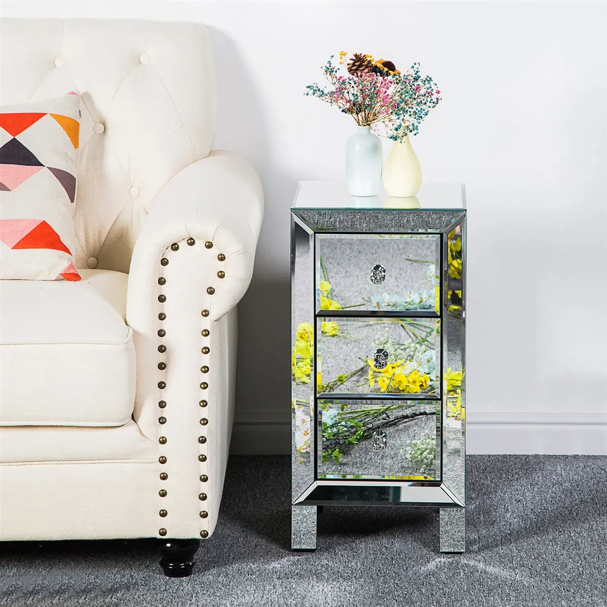 Karlhome Mirrored Glass Nightstand, Small Bedside Table with 3 Storage Drawers for Bedroom Decor