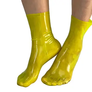 Latex Transparent Yellow Mid-Calf Socks for Men - Unique Texture & Vibrant Red Hue for Versatile Wear Outfit Sheer Menswear