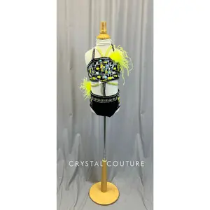 Black and Yellow Strappy Leotard- Rhinestones