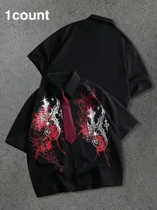 Men's Gothic Thorn Printed Short Sleeve Button Shirt, Dark Tribal Pattern Silk Screen Printed Clothing, Loose Off Shoulder and Detachable Tie, Ideal for Street Style, Festival Clothing and Daily Outing, Gothic and Fashion Enthusiasts