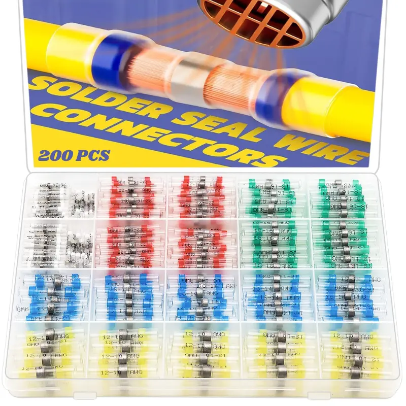 200Pcs Solder Seal Wire Connector Heat Shrink Butt Connector Waterproof Insulated Electrical Wire Terminal Solder Sleeve Sealed Electrical Butt Splice for Marine Automotive