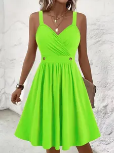 Women's Plus Size Spring Summer Cross Front V Neck Dress, Sleeveless Spaghetti Strap Umbrella Hem, Belted Waist, Elegant Party Casual Wear, Womenswear