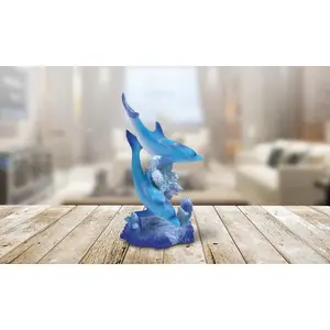 5.5"H Blue Dolphins Swimming Around Coral Statue Marine Life Decoration Figurine