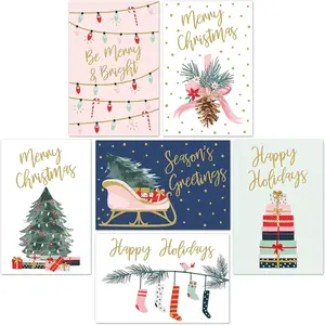 Christmas Cards, 24 Set Gold Foil Holiday Cards with Red Envelopes – 6 Assorted Designs Boxed for Easy Storage - 4x6 Bulk Greeting and New Years Decor Sheets