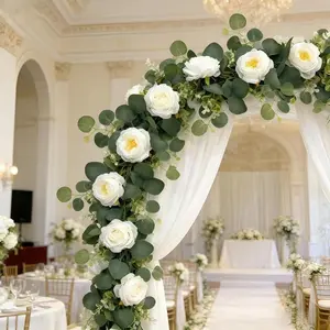 One set of 70-foot artificial eucalyptus bouquet with white roses, faux rose decorations and green plants, suitable for weddings, family gatherings, and table runners decoration