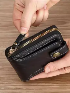 Men's Vintage Casual Zipper Short PU Leather Wallet, Multi Card Slot Credit Card ID Wallet, Large Capacity Zipper Coin Purse, Fashionable Wallet for Men