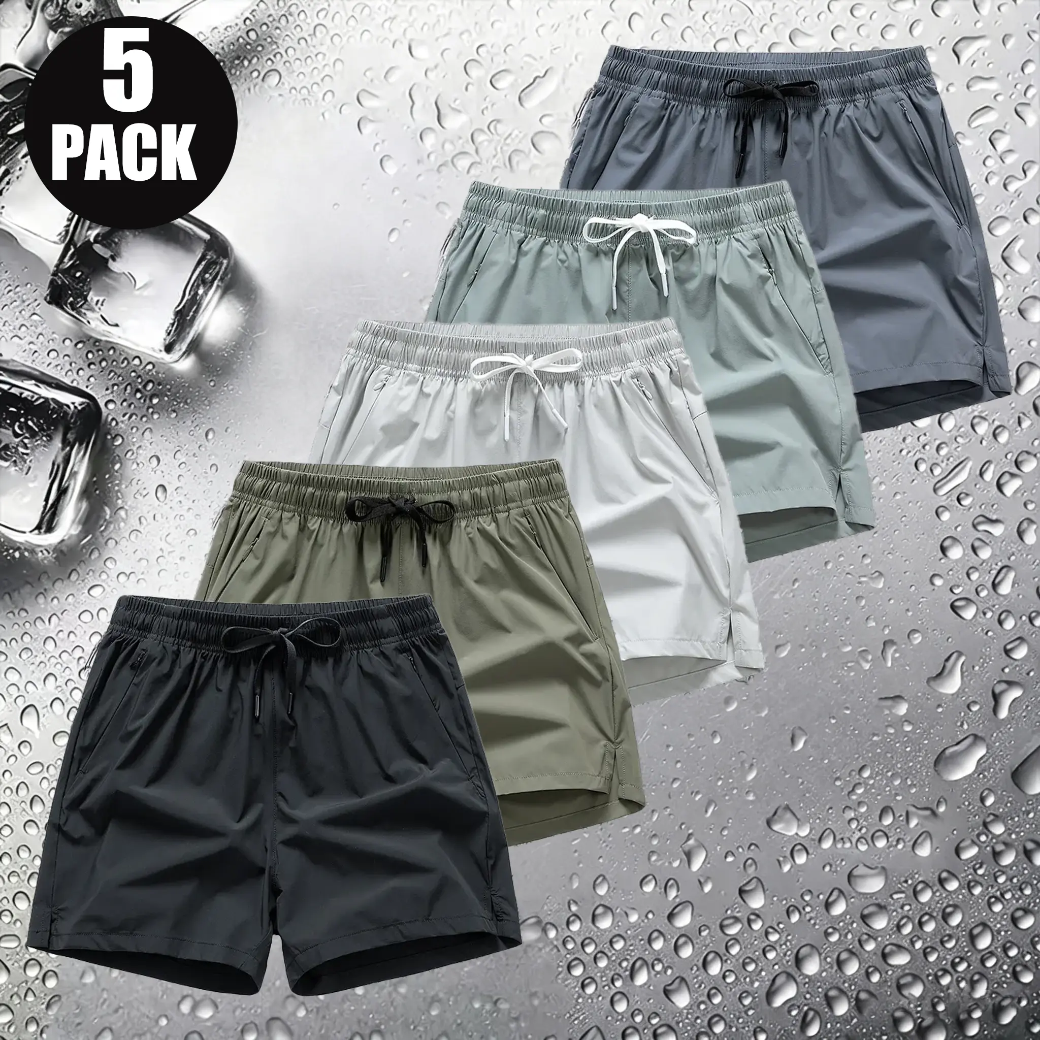 5-Pack Men’s Cool-Touch Quick-Dry Athletic Shorts — Lightweight, Breathable, Elastic Waist with Drawstring, Knee-Length; Outdoor Fitness & Beach Casual Shorts; Multiple Zipper Pockets — Available in multiple colors