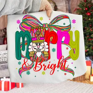 Merry and Bright Coquette Christmas Shirt, Nutcracker Bow Tee, Glitter Christmas Coquette Top, Cute Merry Christmas PNG Graphic T-Shirt