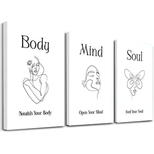 Style Body Mind Soul Motivational Quote Triptych Wall Art, Framed Spray Painting, Home Decor, Inspirational Living Room Decoration