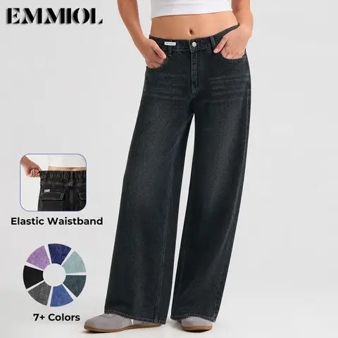 EMMIOL Wide Leg Baggy Jeans for Women – Y2K  Low Rise Denim jeans, Casual Streetwear 4 Pockets, Button Closure & Belt Loose Fit,baggy Fit Jean Summer Vibes SohoChic【Back to School】