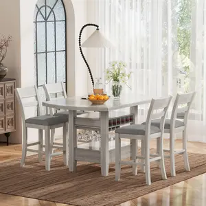 VECELO 5-Piece Dining Table Set, Solid Wood Extendable Oval to Rectangle Kitchen Table with Upholstered Chairs, Rubberwood Legs Dining Room Set
