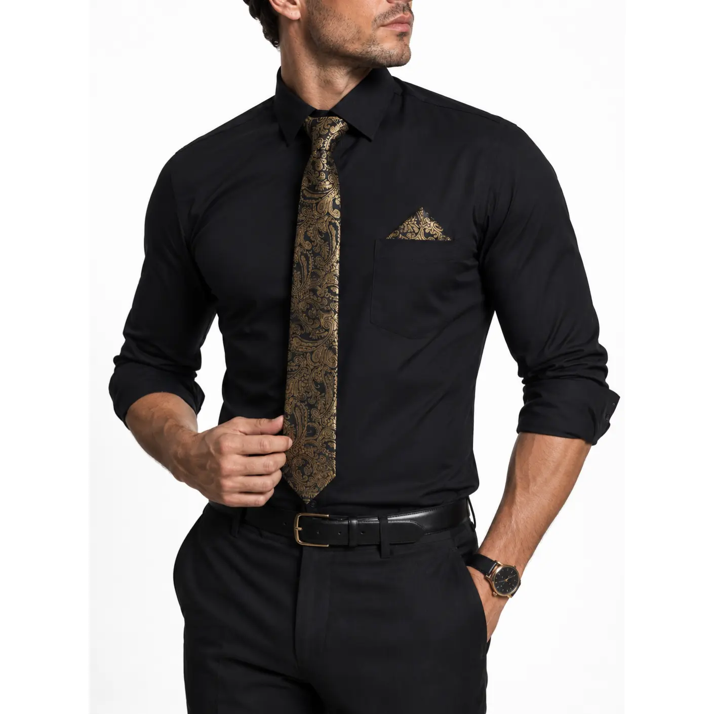 ALIZEAL 3pcs Mens Dress Shirt with Tie  Square Set Formal Classic Long Sleeve Shirts Matching Necktie Button Down Shirt chest pocket