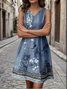 Vintage Countryside Style Floral Vine Print Dress, V-neck Sleeveless Design, Perfect for Daily Spring And Summer Outings