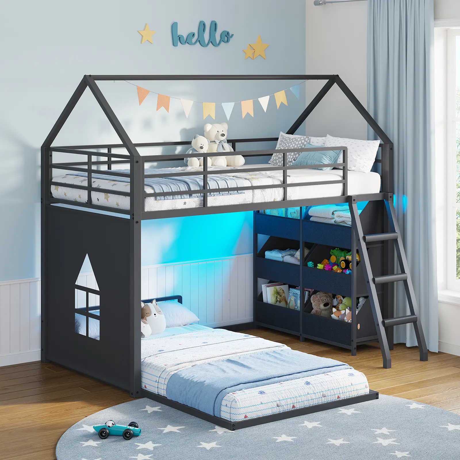 Hasuit Low Bunk Bed Twin Over Twin with 6 Open Sliding Drawers, LED Light, Floor Bunk Beds with Privacy curtain, House Bunk Bed with Ladder and Guardrail, L Shaped Metal Twin Bunk Beds for Kids