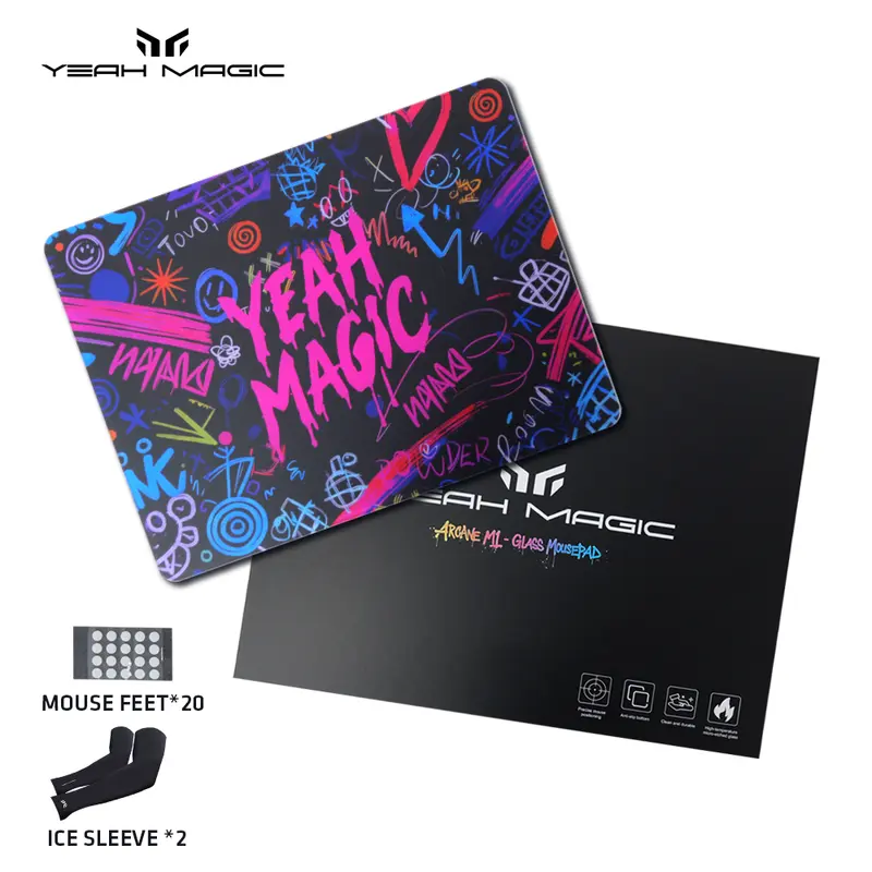 YEAH MAGIC Arcane M1 Micro-Etched Glass Computer Mouse Pad - Hard PC Accessory with Sensor Grip Boost, High-DPI Support, Ergo Design, Fast Fluid Glides, Anti-Slip Base (12.20×16.14in) Bundle with Arm Sleeve, Speed Skates for Esports Gamers, Hard Mousepad